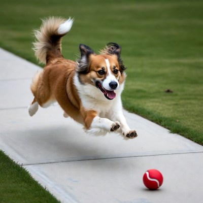 Australian Shepherd chasing red tennis ball