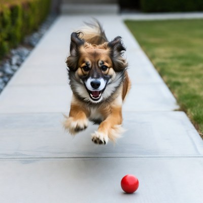 Fluffy dog jumping for red ball
