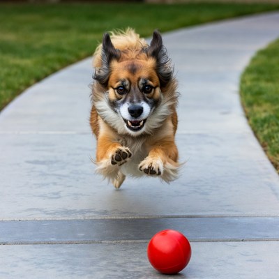 Dog leaping for red ball