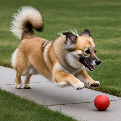 Tan dog chasing red ball