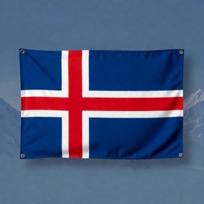 Icelandic Flag on Snowy Mountains