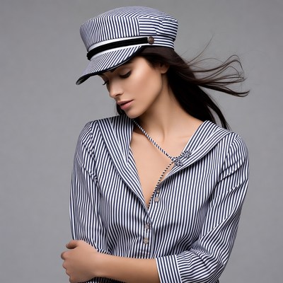 Woman in striped sailor hat and shirt