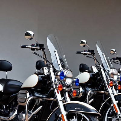Parked Police Motorcycles Against Wall