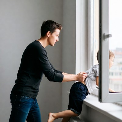 Father lifting toddler at window
