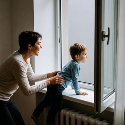 Mother helping boy look out window