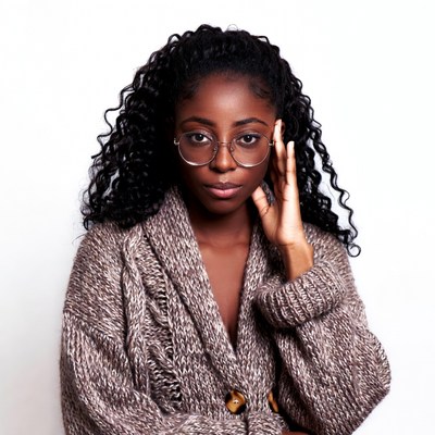 African-American woman touching ear with glasses