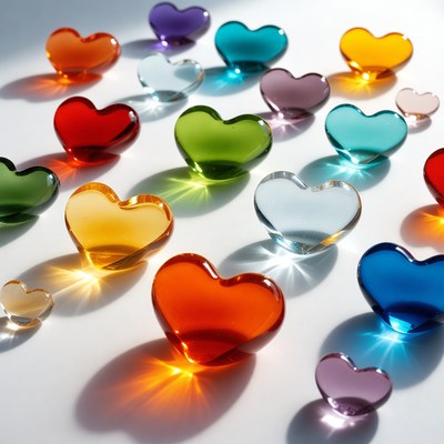 Colorful glass hearts on white background