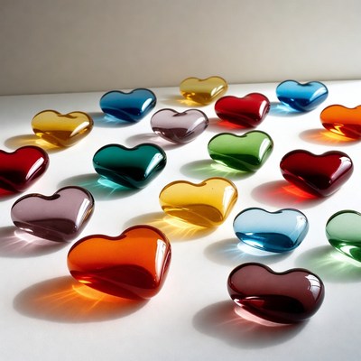 Colorful Glass Hearts on White Surface