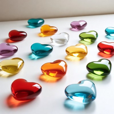 Colorful glass hearts on white surface