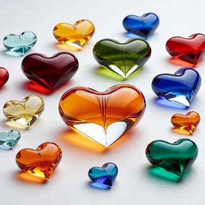 Colorful Glass Hearts on White Background