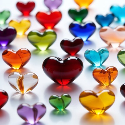 Colorful Glass Hearts on White Background