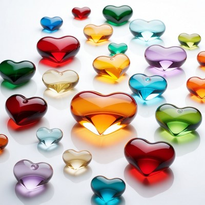 Colorful Glass Hearts on White Background