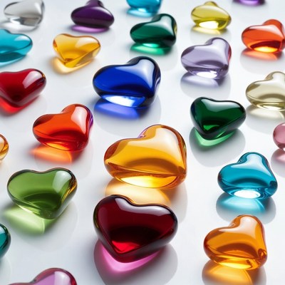 Colorful glass hearts on white background