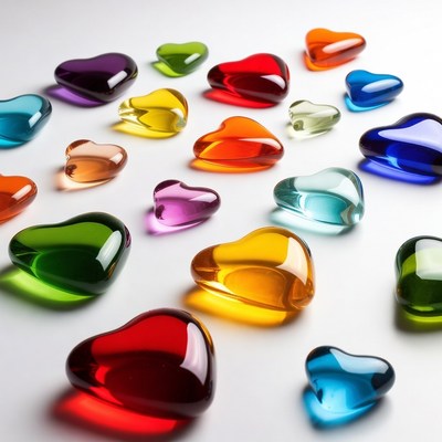 Colorful Glass Hearts on White Background