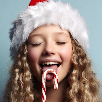 Girl licking candy cane Santa hat