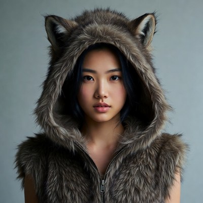 Asian woman in wolf ear hoodie