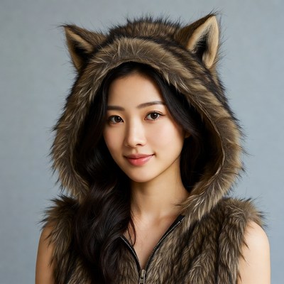 Asian woman in wolf fur hood