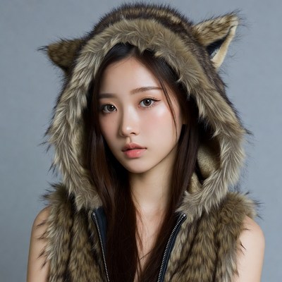 Asian woman in wolf ear hoodie