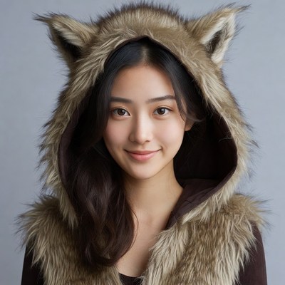 Asian woman in wolf ear hoodie