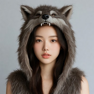 Asian woman wearing wolf hood