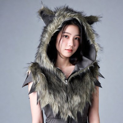Asian woman in wolf fur hood