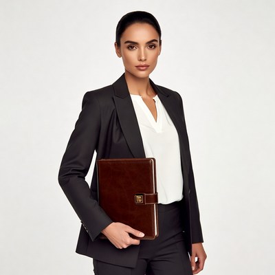 Business woman holding leather notebook
