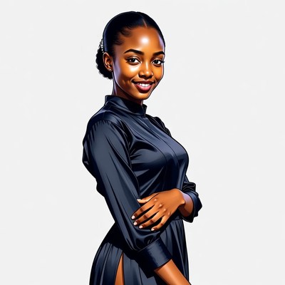 African woman in black dress smiling