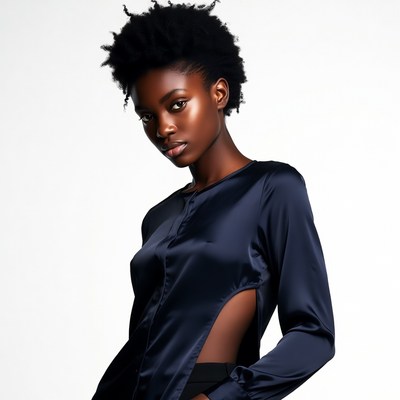 African-American woman in navy silk blouse