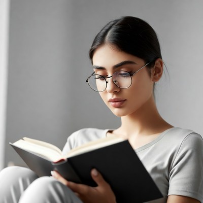 Woman reading book in glasses