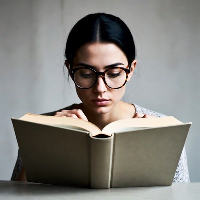 Woman reading book with glasses