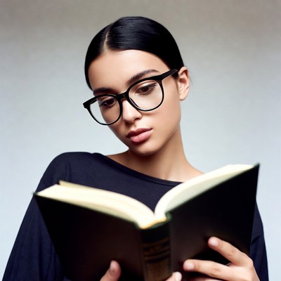 Young woman reading book in glasses