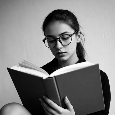 Young woman reading book in glasses