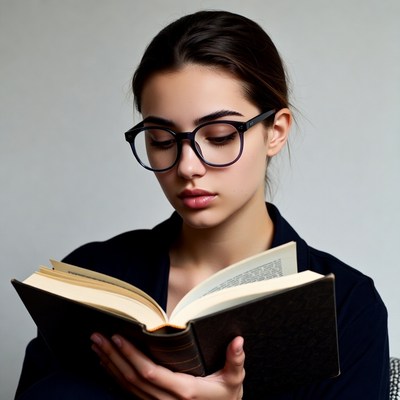 Young woman reading book in glasses