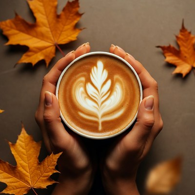 Hands Holding Latte with Autumn Leaves