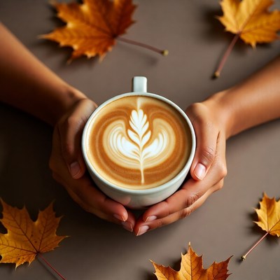Hands Holding Latte with Leaf Art
