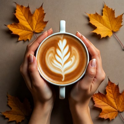 Woman holding latte with fall leaves