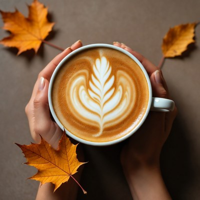 Hands holding latte with autumn leaves