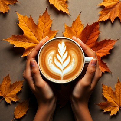 Hands Holding Latte with Maple Leaves