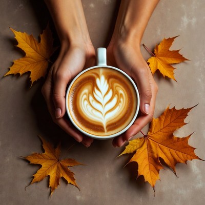 Hands Holding Latte with Autumn Leaves