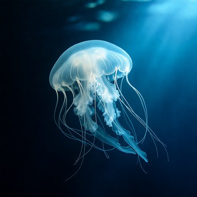Glowing Jellyfish in Deep Blue Ocean