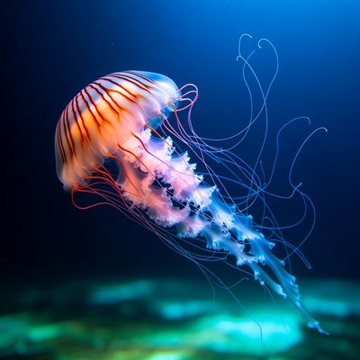 Glowing Jellyfish in Deep Blue Ocean