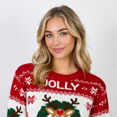 Blonde woman in jolly reindeer Christmas sweater