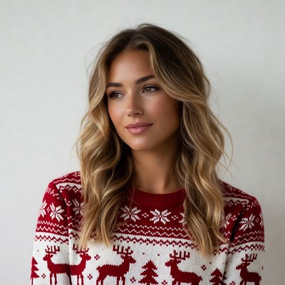 Woman in red reindeer Christmas sweater