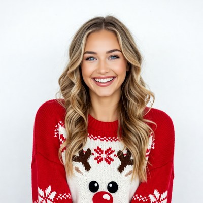 Woman smiling in reindeer Christmas sweater