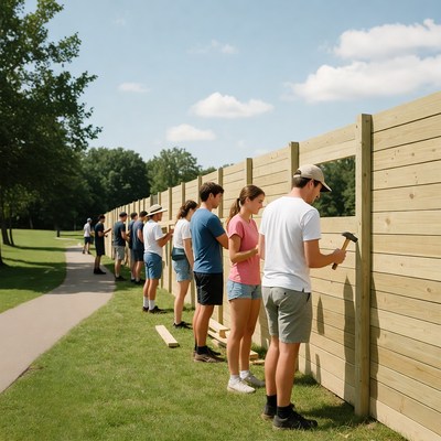 Group building wooden fence outdoors