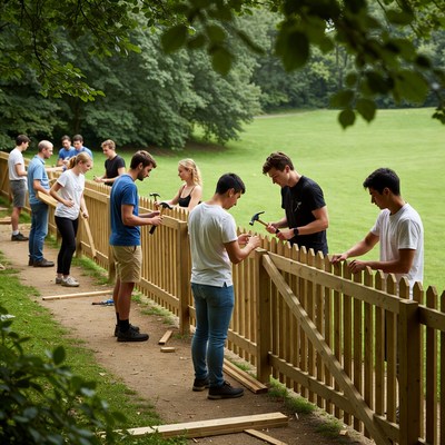 Group building wooden fence outdoors