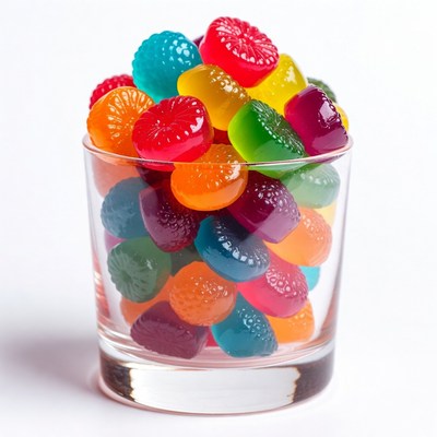 Colorful gummy candies in glass cup