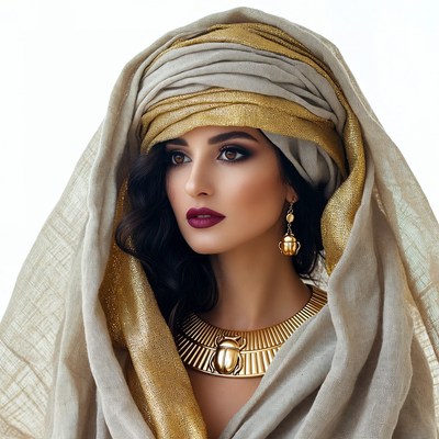 Woman in gold turban and necklace