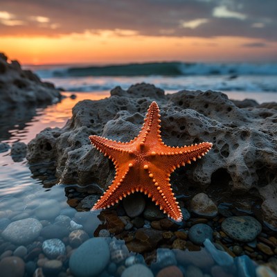 Orange Starfish on Beach Rocks at Sunset