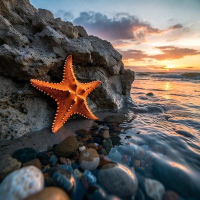 Orange Starfish on Rocky Beach